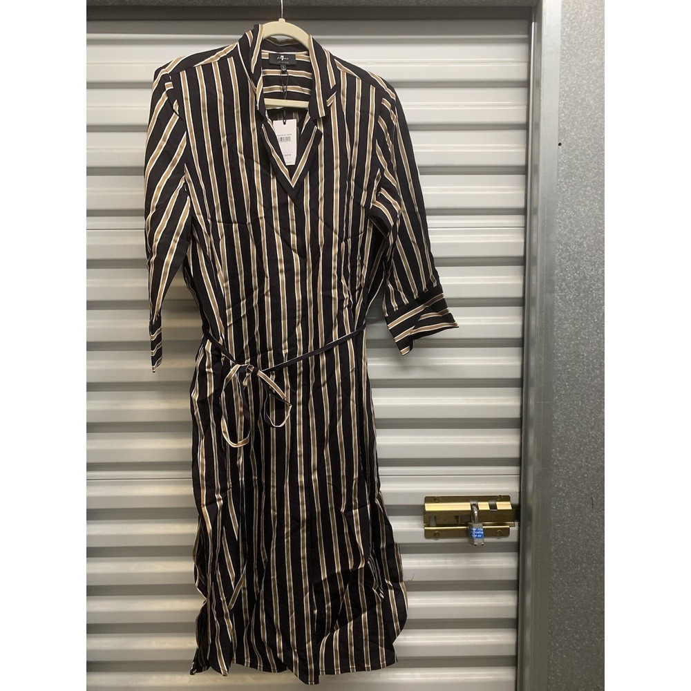 NWT 7 For All Mankind Button Front MIDI Shirt Dress Brown Striped Belt Large